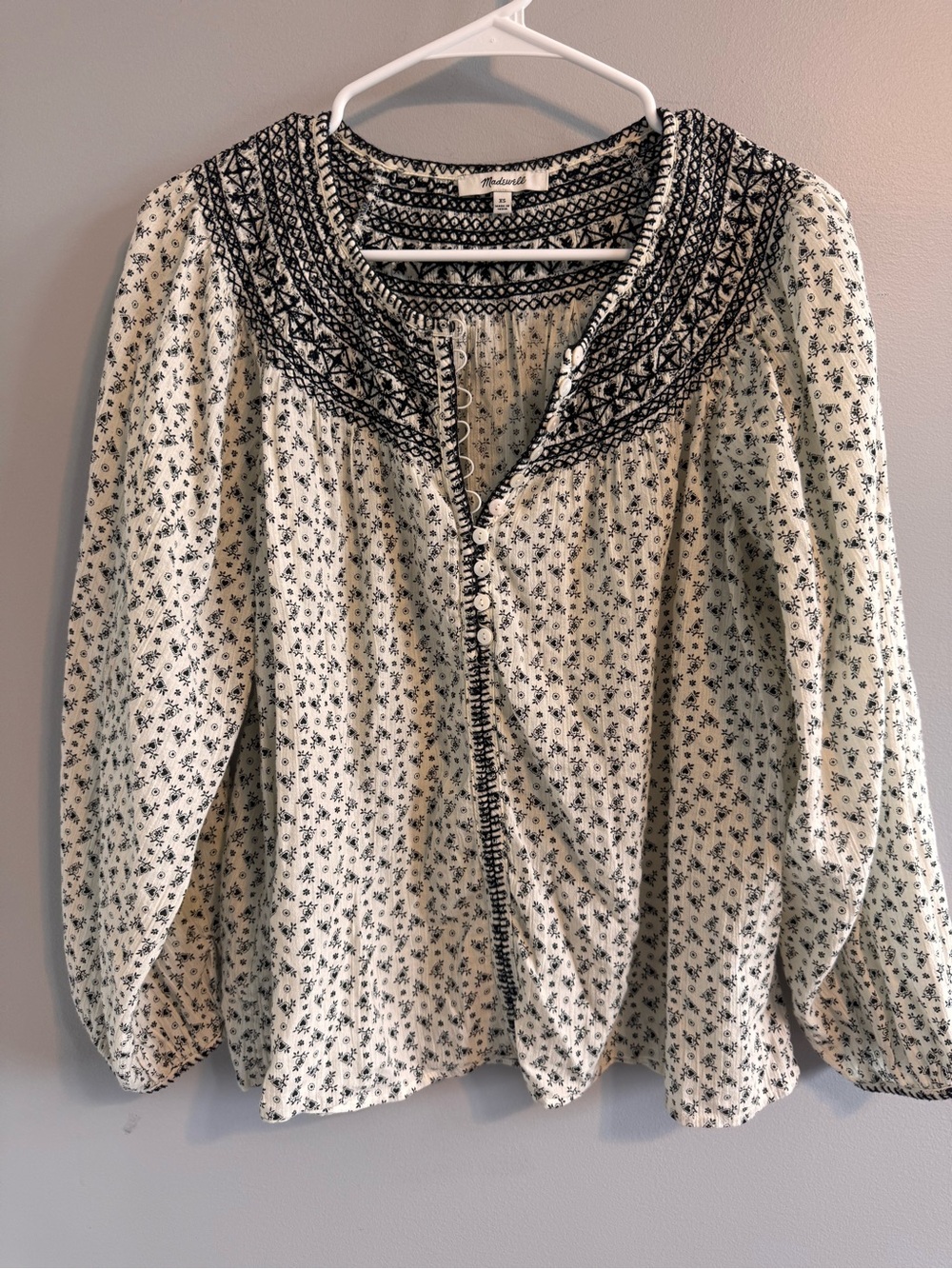 Madewell XS Embroidered Boho Peasant Blouse Cream Black